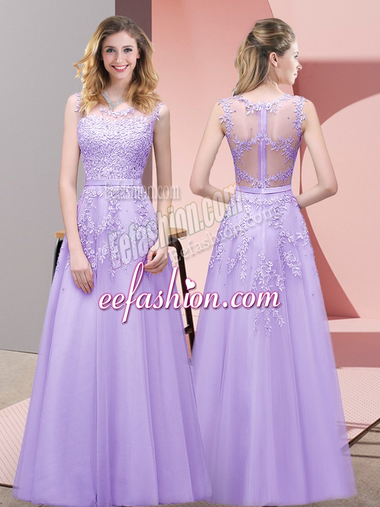  Lavender Tulle Zipper Prom Party Dress Sleeveless Floor Length Lace