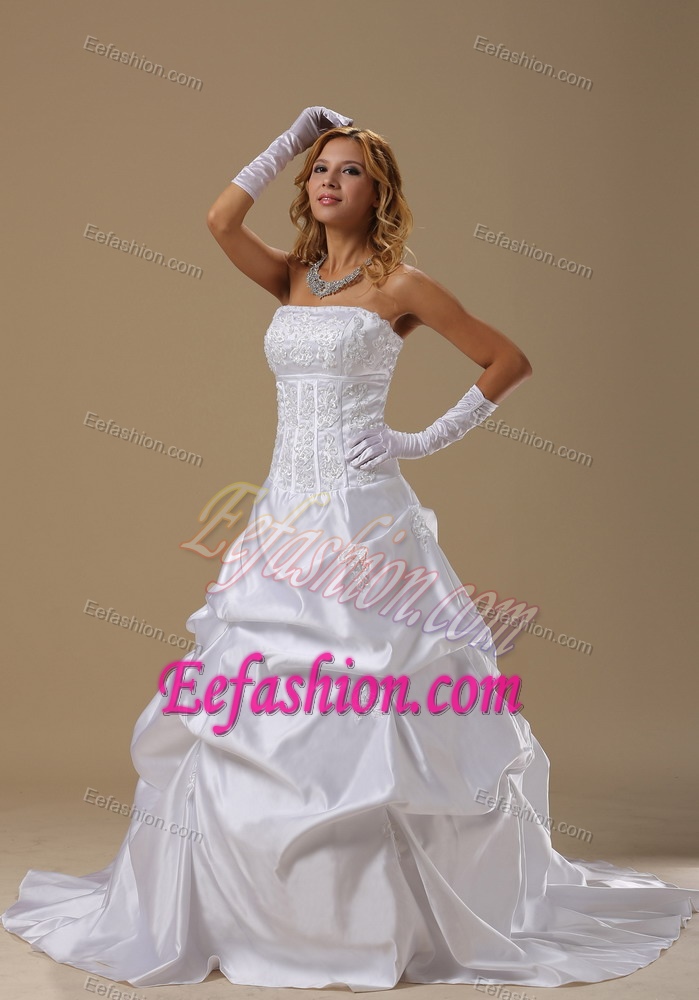 White A-line Strapless Wedding Dress in with Beading and Pick Ups