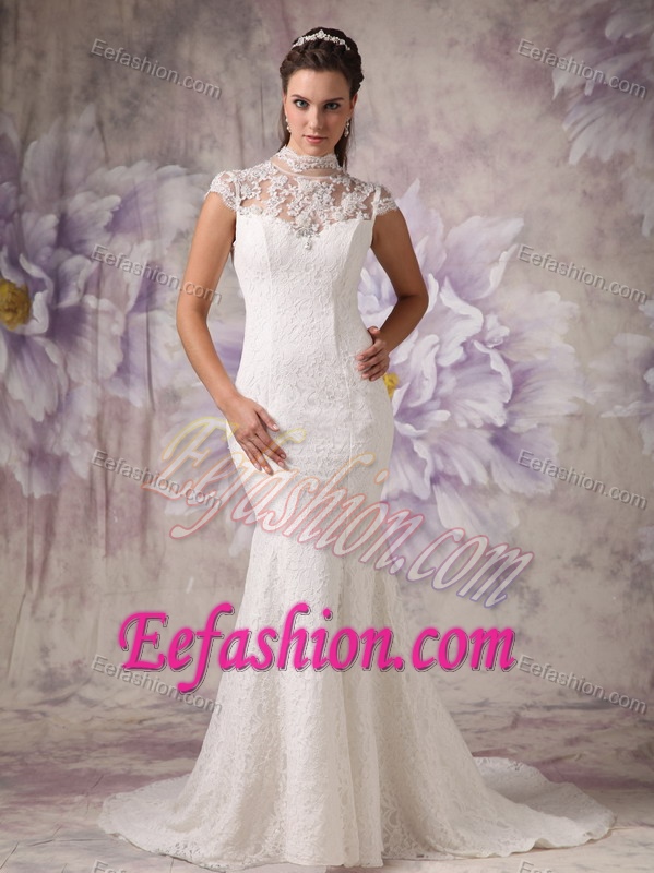 Elegant Mermaid High Neck Court Train Lace Wedding Prom Dress with Lace
