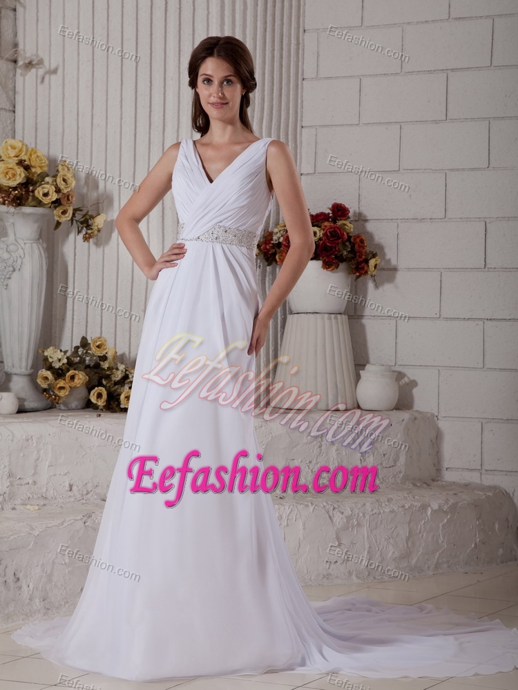 New V-neck Chiffon Dresses for Wedding with Ruching g and Beading