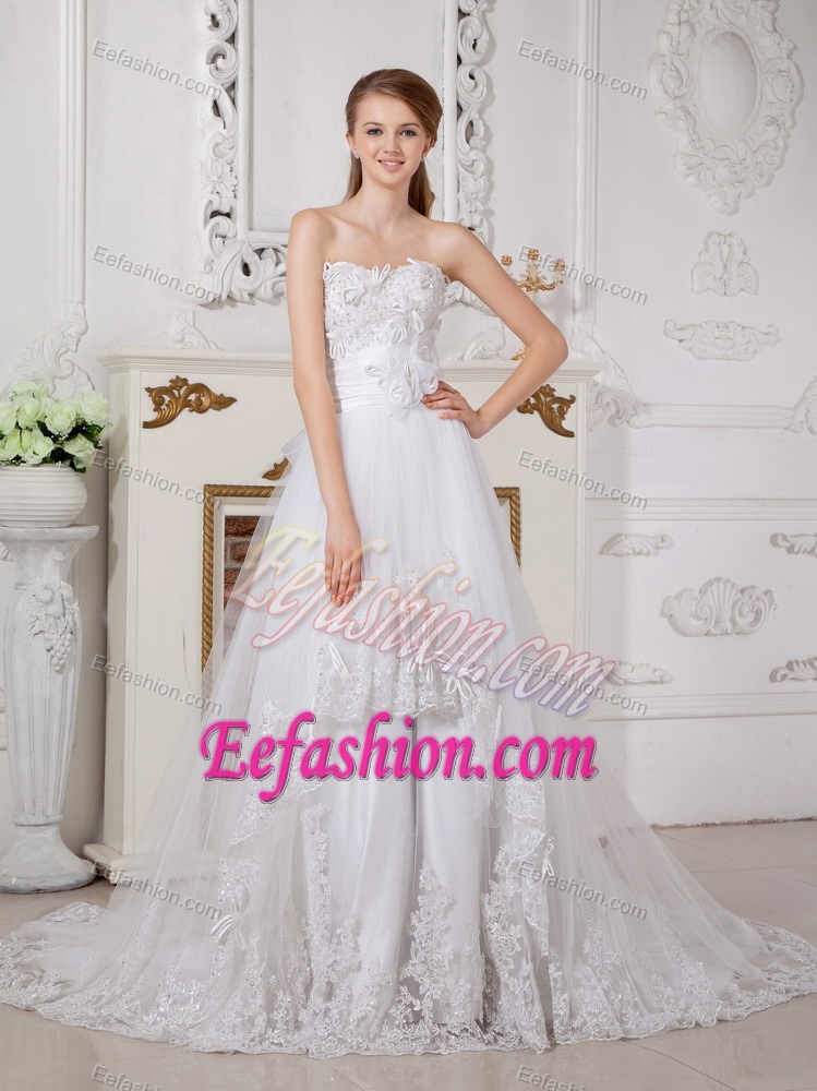 Sweet A-line Court Train Dress for Wedding with Lace and Appliques for Less