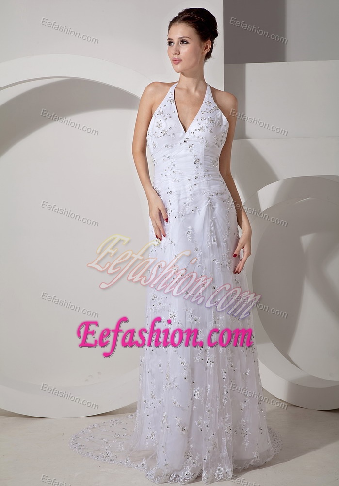 Beautiful Halter Court Train Wedding Dress with Lace and Ruching