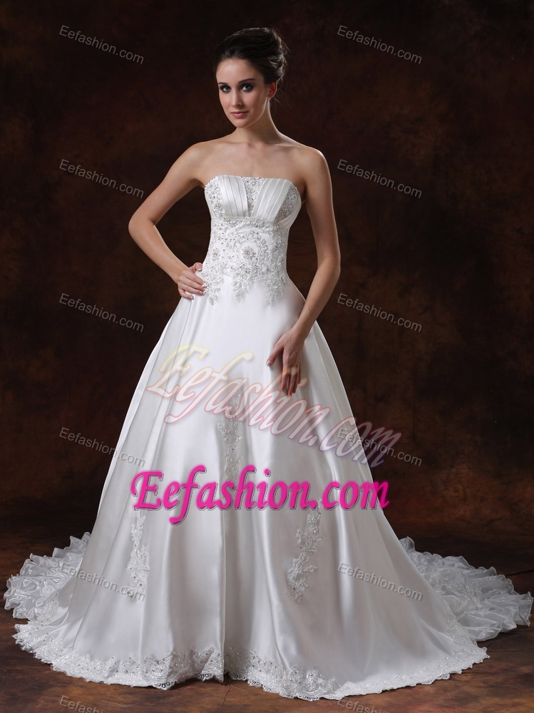 Elegant Strapless Chapel Train Wedding Dress with Beading Made in