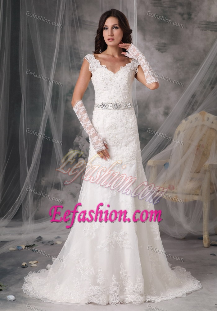 Sexy A-Line V-Neck Court Train Wedding Dresses in Organza with Appliques
