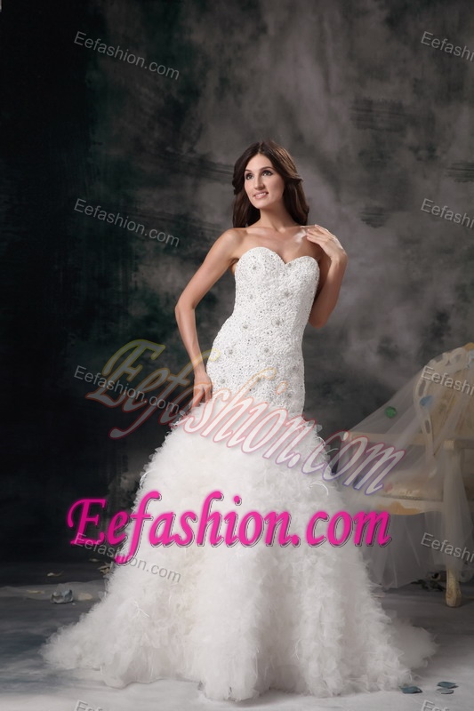 Elegant Mermaid Sweetheart Prom Wedding Dress with Feather and Beading