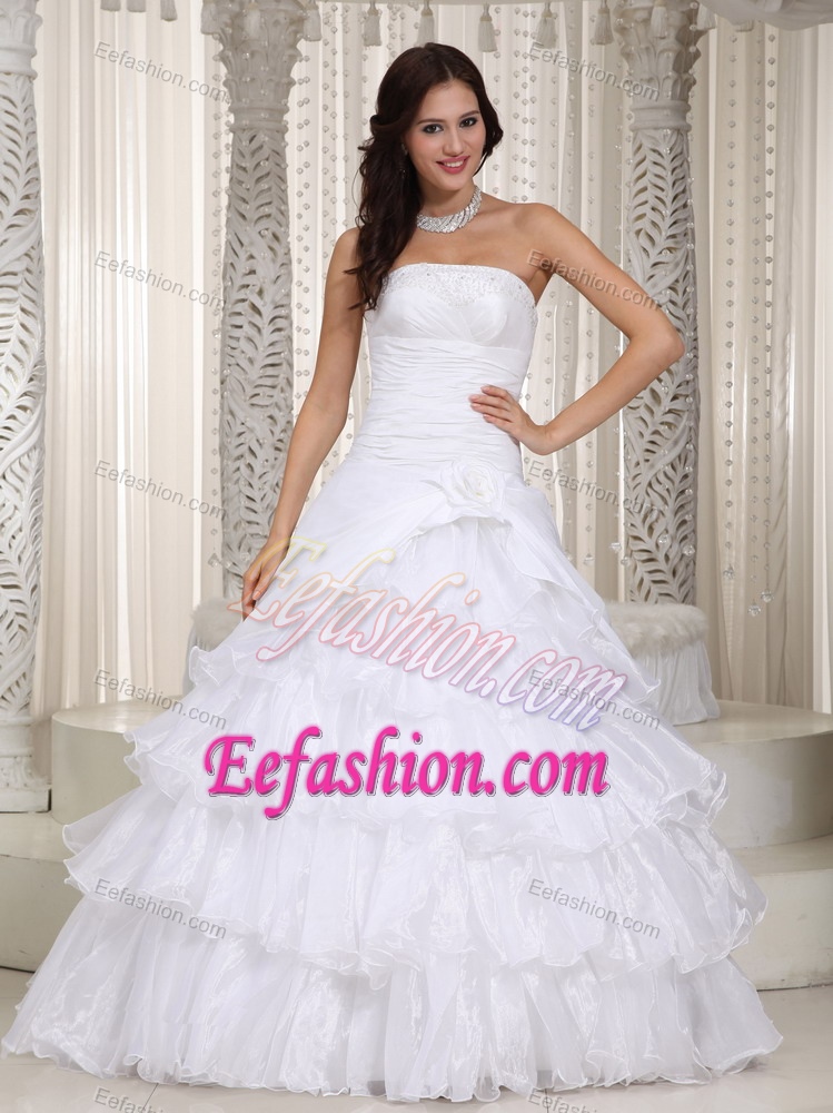 New Strapless Organza Wedding Dress with Beading and Hand Made Flower