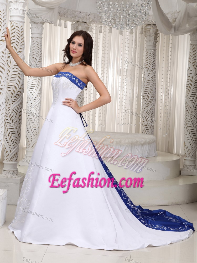 Romantic A-line Strapless Satin Wedding Dress with Embroidery for Cheap