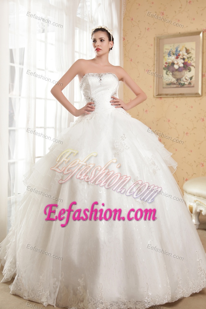 New Style A-line Strapless Bridal Dresses with Chapel Train and Organza
