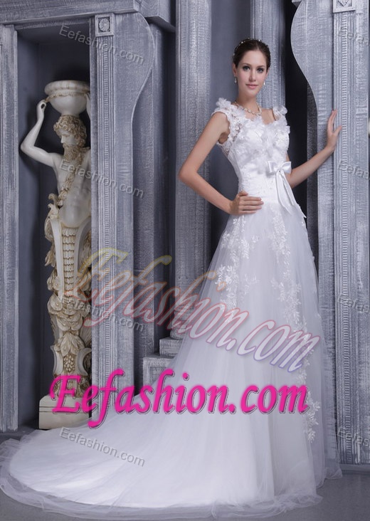 White A-line Square Flattering Wedding Dresses with Court Train and Lace