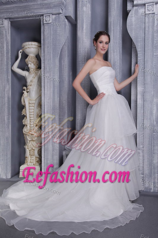 Sassy White A-line Strapless Chapel Train Dress for Brides in and Organza