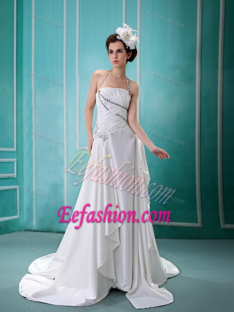 Halter Beading Zipper-up Wedding Dress with Brush Train in Elastic Woven Satin