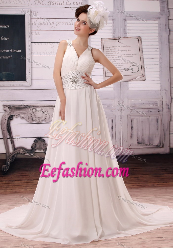 Princess V-neck Empire Dress for Wedding with Beading and Cool Back