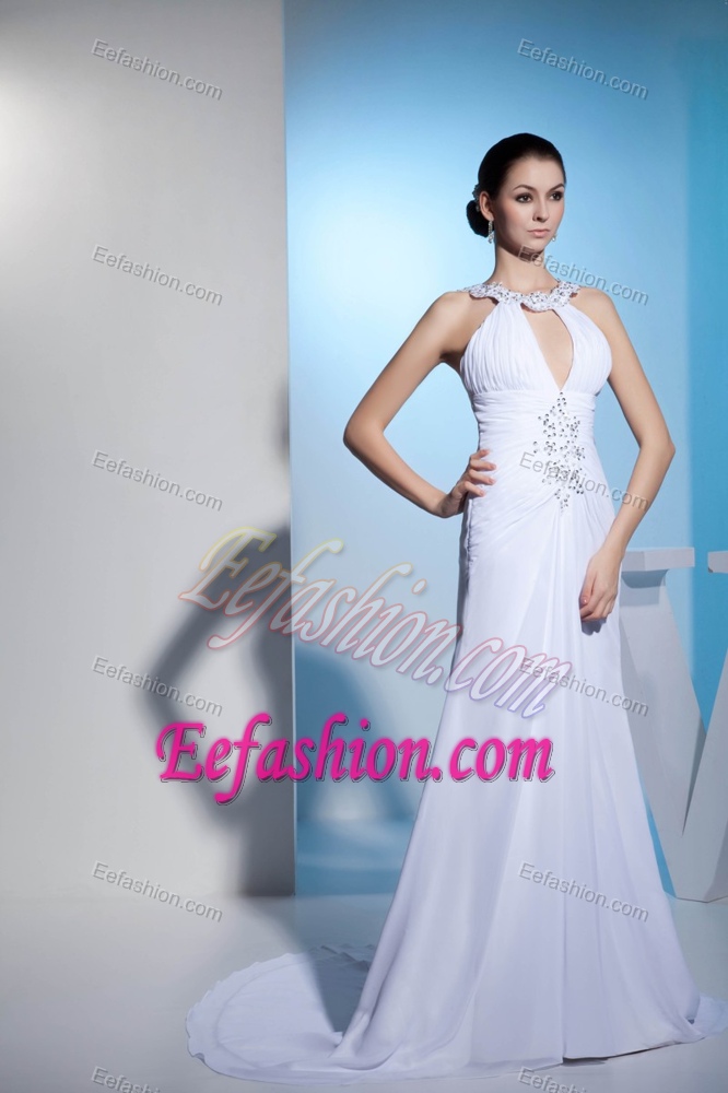 Modern Court Train Beaded Ruched White Wedding Gown with Cutouts