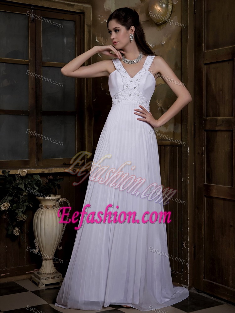 Magnificent Empire V-neck Watteau Train Bridal Gowns with Pleating and Beading