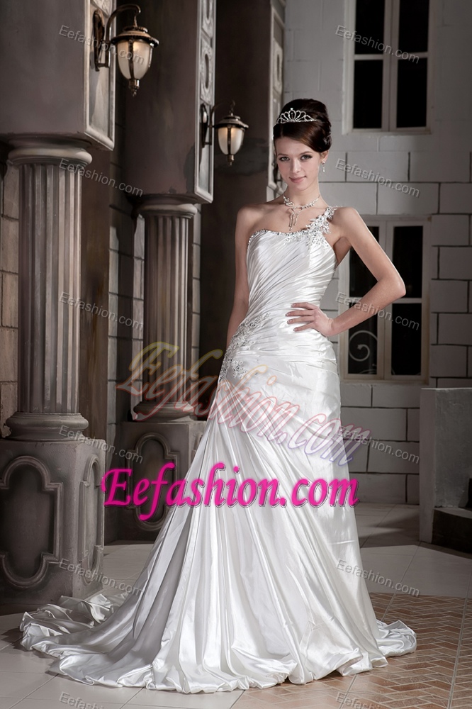 Vintage A-line One Shoulder Court Train Dress for Wedding with Ruching