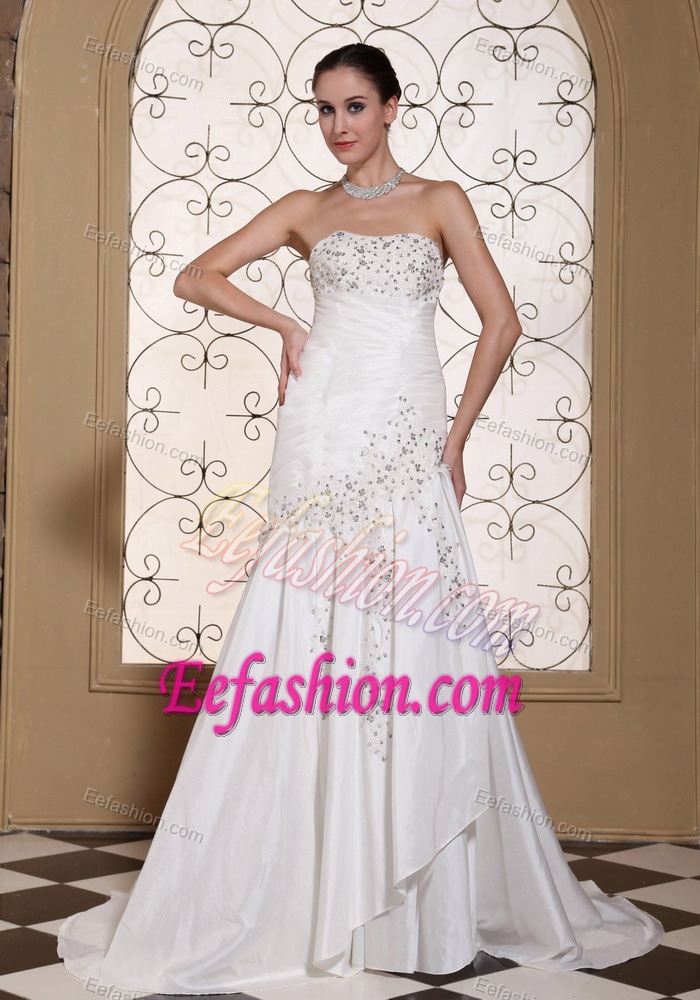 Must-have Ruched Beading White Strapless Bridal Gown with Brush Train