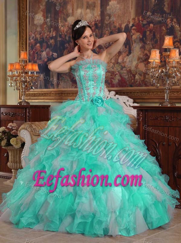 2014 Strapless Organza Quinceanera Dress with Appliques and Ruffled Layers