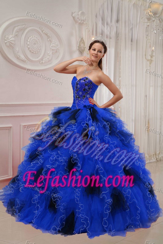 New Blue and Black Sweetheart Orangza Beaded and Ruched Quinceanera Dress