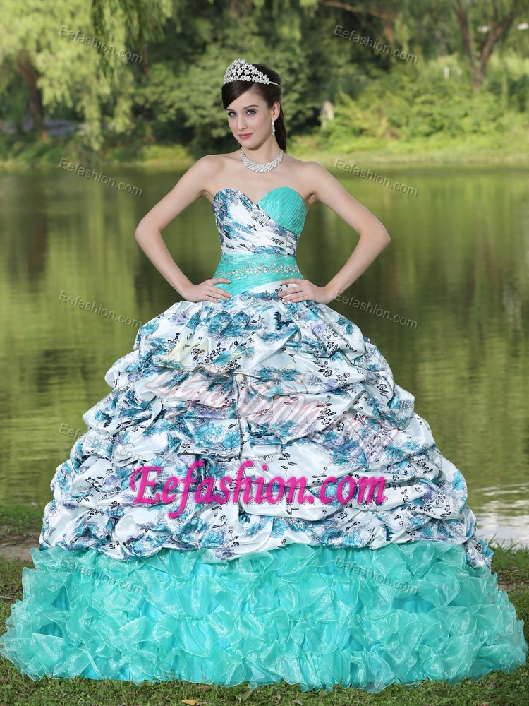 Colorful Printed Organza Beaded Quinceanera Dress with Pick-ups and Ruffles