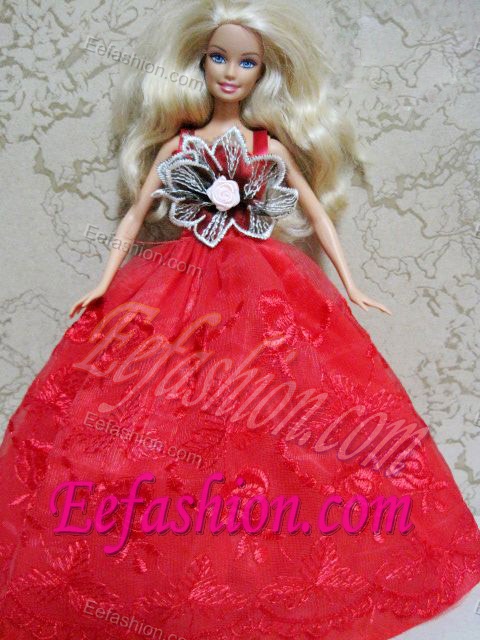 Red Embroidery Dress Handmade Gown for Barbie Doll