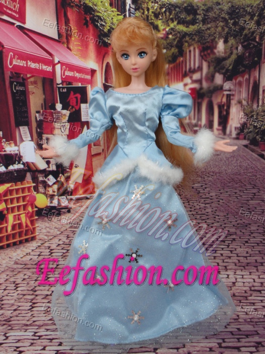Cute Baby Blue Scoop Long Sleeves Appliques Made to Fit the Barbie Doll