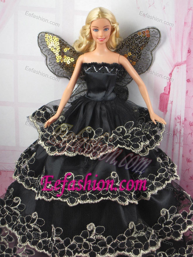 Luxurious Black Strapless Lace Ruffled Layeres Party Clothes Fashion Dress for Noble Barbie