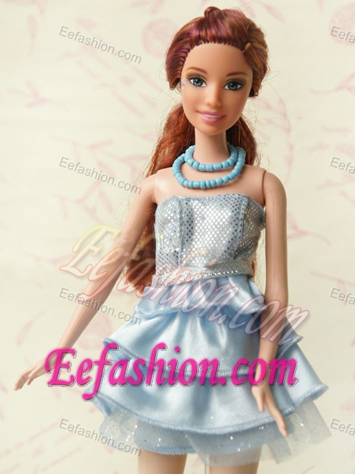 Light Blue Short Party Dress For Noble Barbie With Sequin and Ruffles