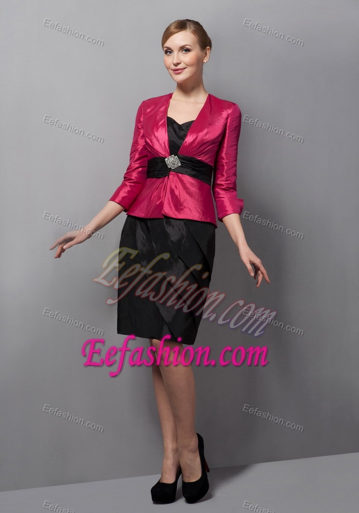 Hot Pink and Black 3/4 Sleeves Knee-length Ruched Mother Dress for Wedding