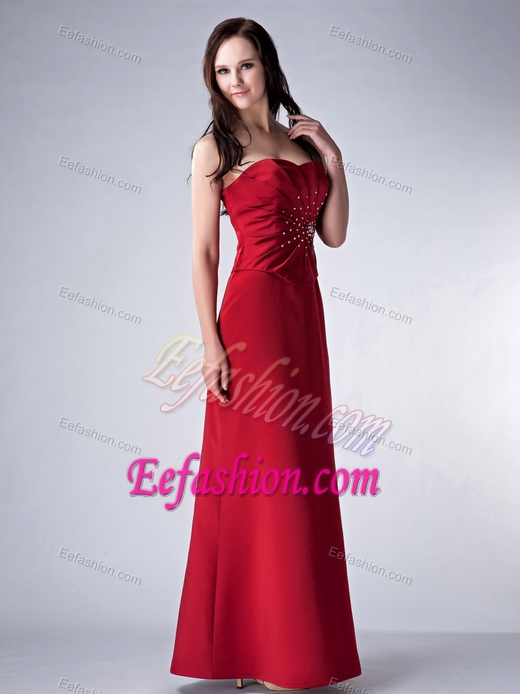 Wine Red Strapless Long Ruched Satin Mother of Bride Dress with Beading