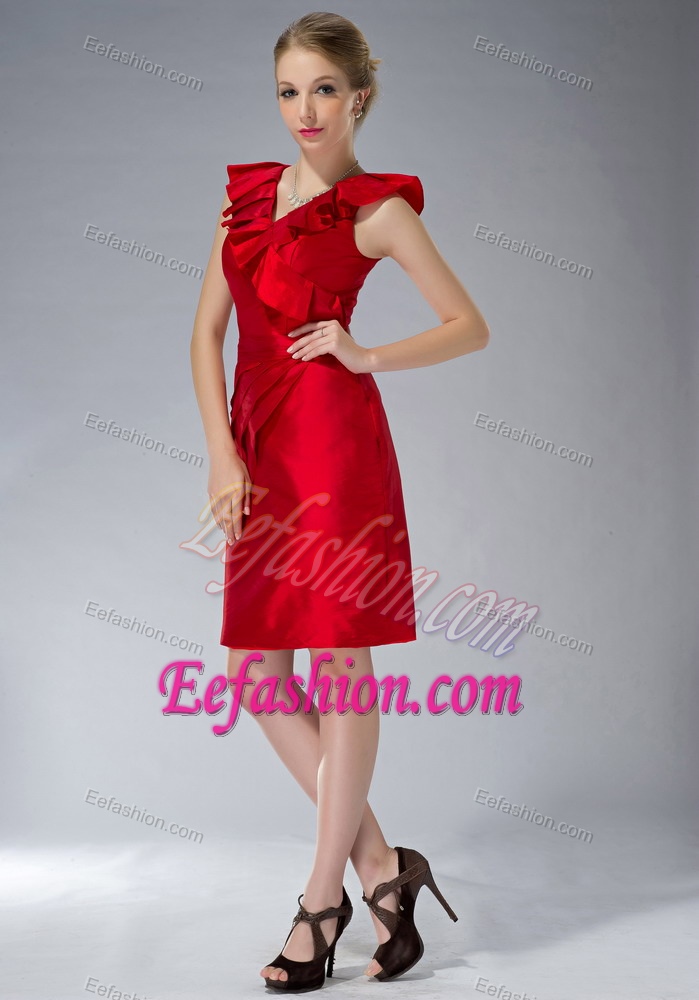 New Flounced V-neck Knee-length Red Ruched Mother of Bride Dress