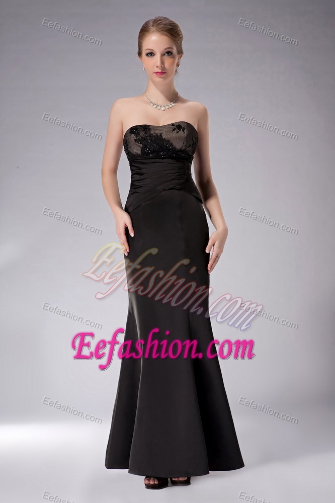 Best Black Strapless Long Satin Mother of Bride Dress with Appliques