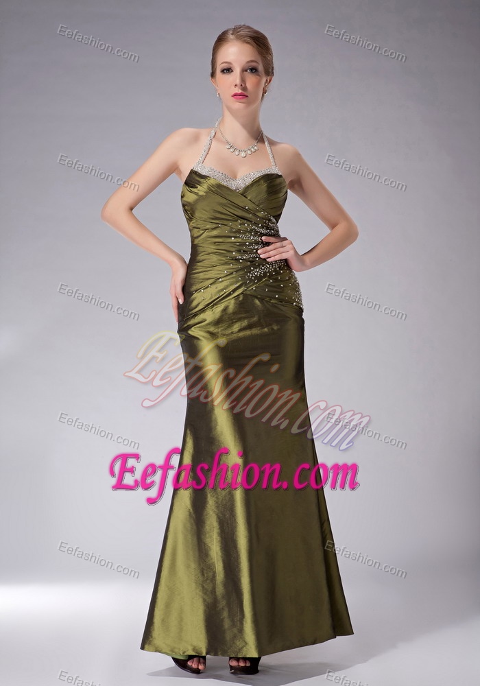 Halter Olive Green Ankle-length Ruched Mother of Bride Dresses with Beading