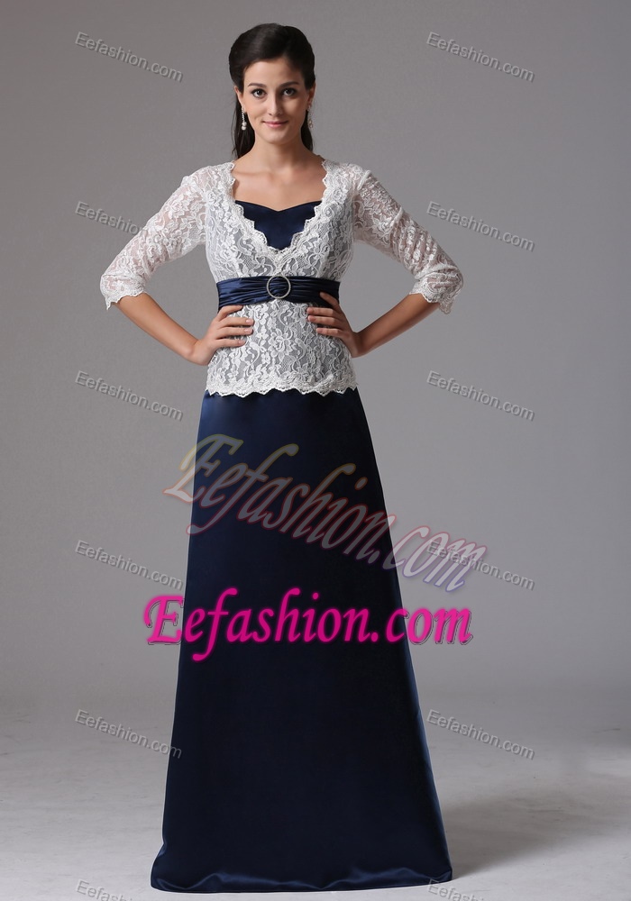 Navy Blue and White Lace 3/4 Sleeves Long Best Mother of Bride Dress