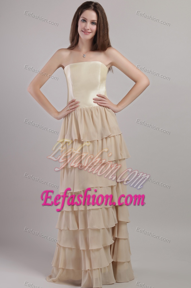 Strapless Long Champagne Layered Mother of Bride Dress with Jacket