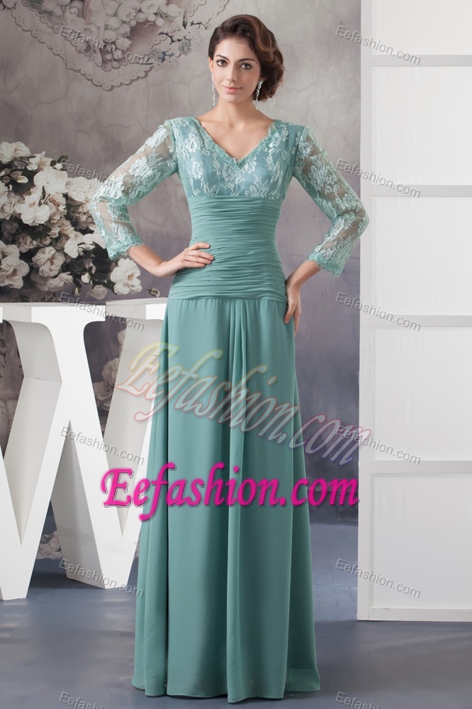 neck Long Sleeves Long Turquoise Lace Chiffon Mother Bride Dress