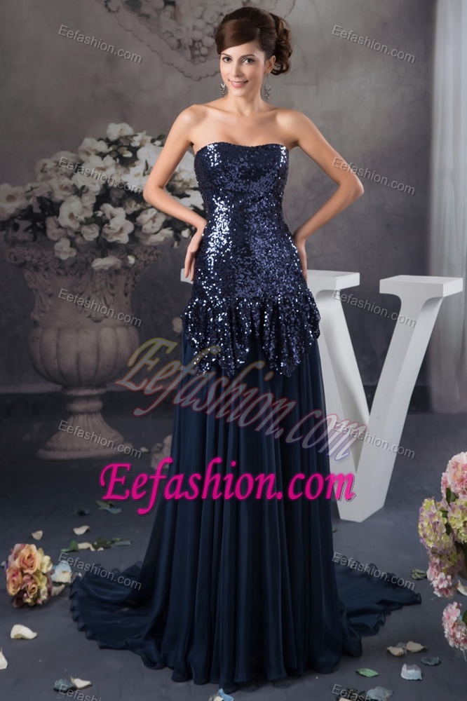 Navy Blue Strapless Brush Train Sequin and Chiffon Mother of Bride Dresses