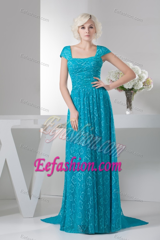 Latest Square Cap Brush Train Teal Printed Mother of Bride Dress with Ruching