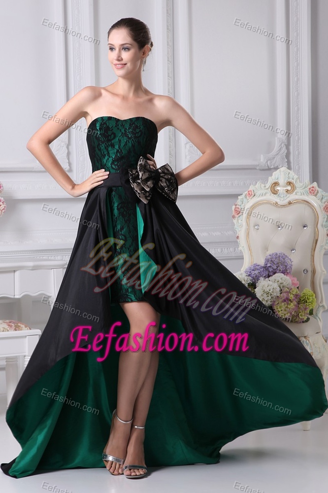 Sweetheart High-Low Black Green Mother of Bride Dress with Sash and Bow
