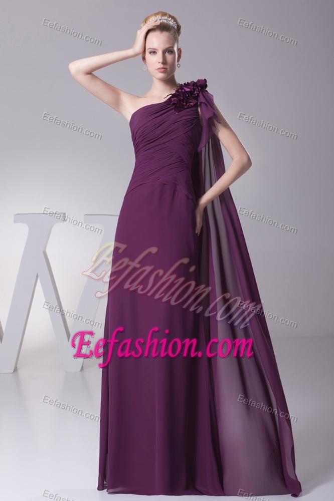One Shoulder Long Ruched Purple Mother of Bride Dress with Flower