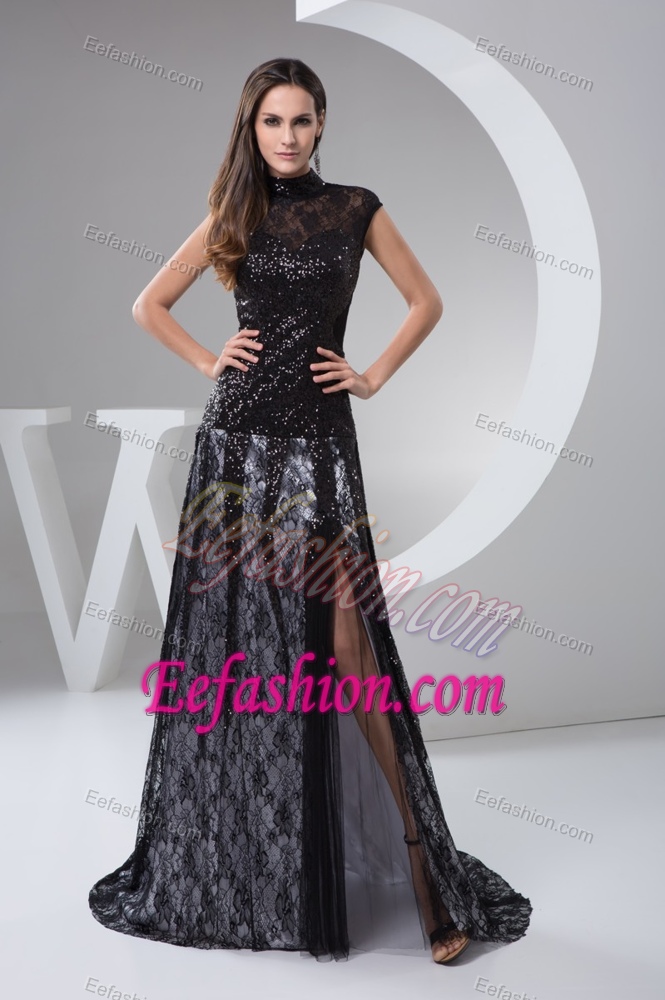 High-neck Brush Train Beaded Black Lace Mother of the Bride Dress with Slit