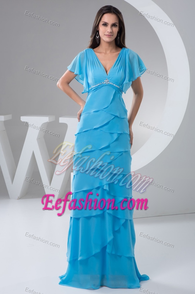 Aqua Blue V-neck Ruffle-layers Mother of the Bride Dresses with Beadings