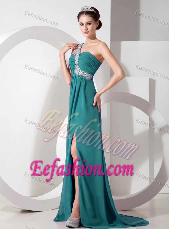 Chiffon Appliqued Prom Dress for Girls with One Shoulder and Slit in Turquoise
