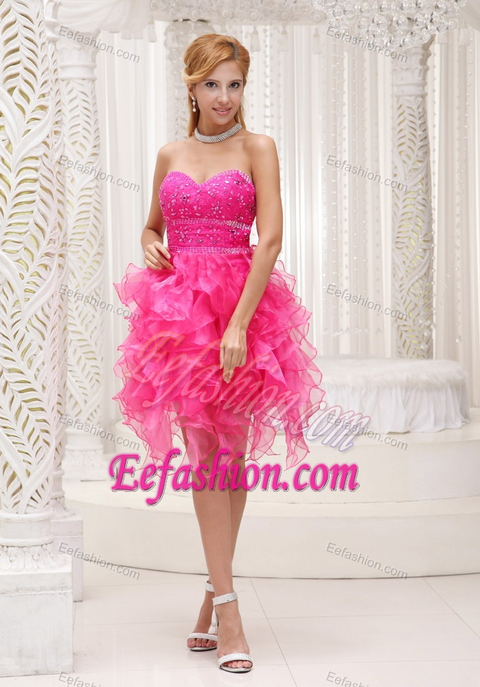 Hot Pink A-line Beaded Organza Prom Cocktail Dress with Ruffles for Custom Made