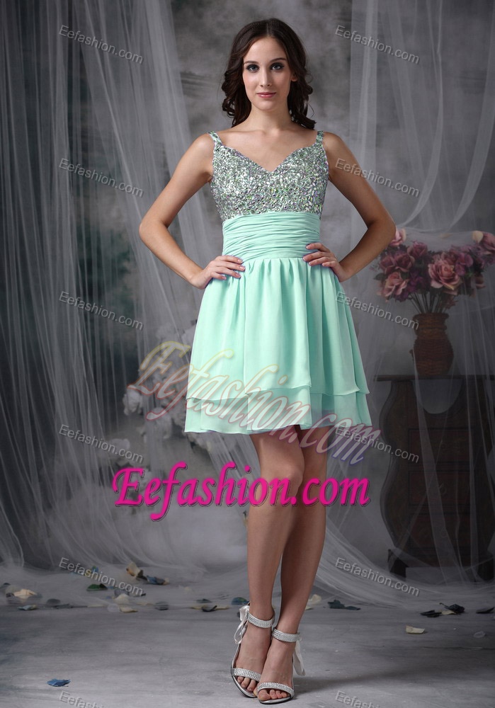 Apple Green Empire Short Chiffon Beaded Mini-length Prom Homecoming Dress