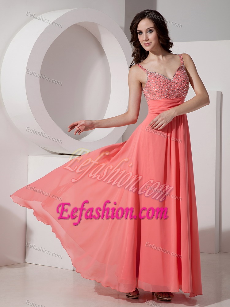 2014 Latest Watermelon Empire Chiffon Beaded Ankle-length Prom Evening Dress