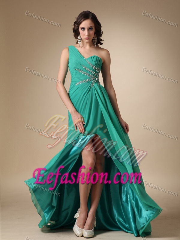 Empire One Shoulder Chiffon Beaded and Ruched Prom Gown Dress with High Slit