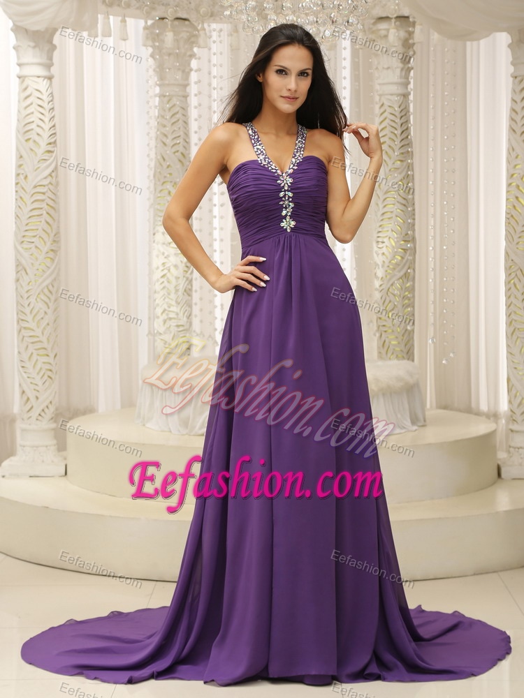 Purple V-neck Modest Dress with Beaded Shoulder and Ruched Bodice for Cheap