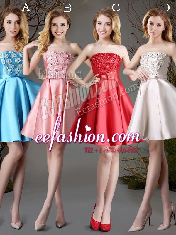 Dazzling A-line Wedding Party Dress Red and Baby Blue and Champagne Strapless Satin Sleeveless Mini Length Lace Up