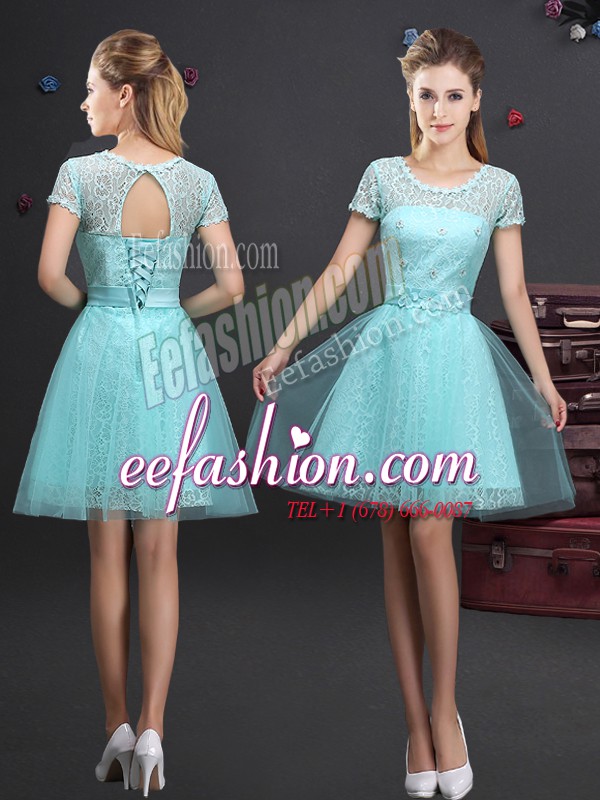 Stylish Scoop Aqua Blue Short Sleeves Lace and Appliques and Belt Mini Length Bridesmaids Dress