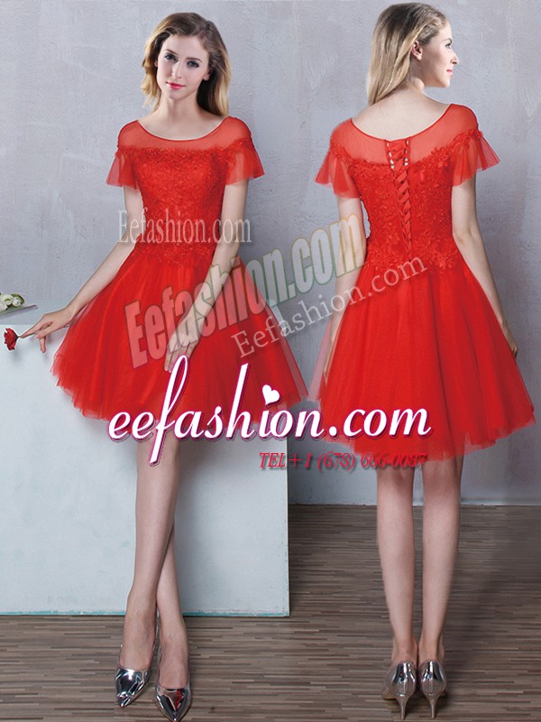 Decent Red Bridesmaid Dress Prom and Party and Wedding Party and For with Lace Scoop Short Sleeves Lace Up